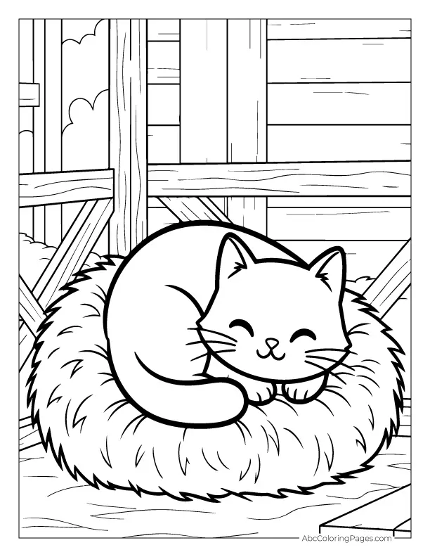 cat sleeping on haystack coloring outline