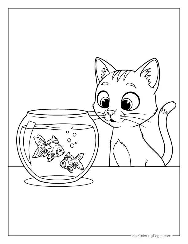 cat looking at goldfish bowl line art
