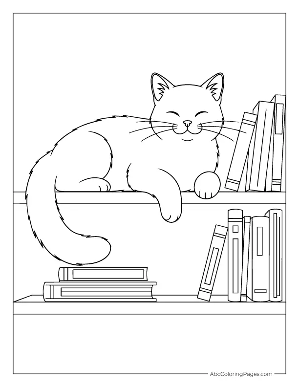 cat sitting on bookshelf coloring outline