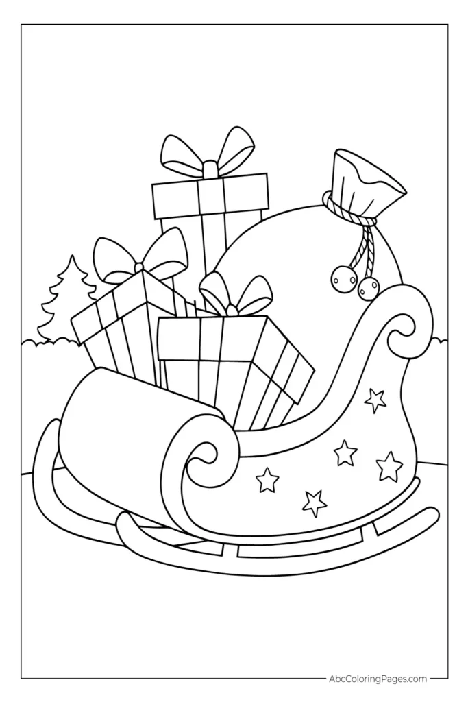 Christmas Sleigh with Presents and Gift Sack printable PDF coloring page