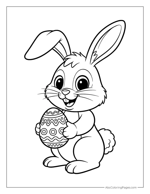Easter bunny holding decorated egg coloring page free printable PDF download