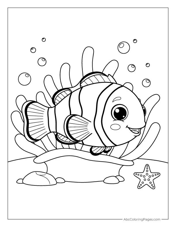 Clownfish in a Wavy Anemone printable PDF coloring page