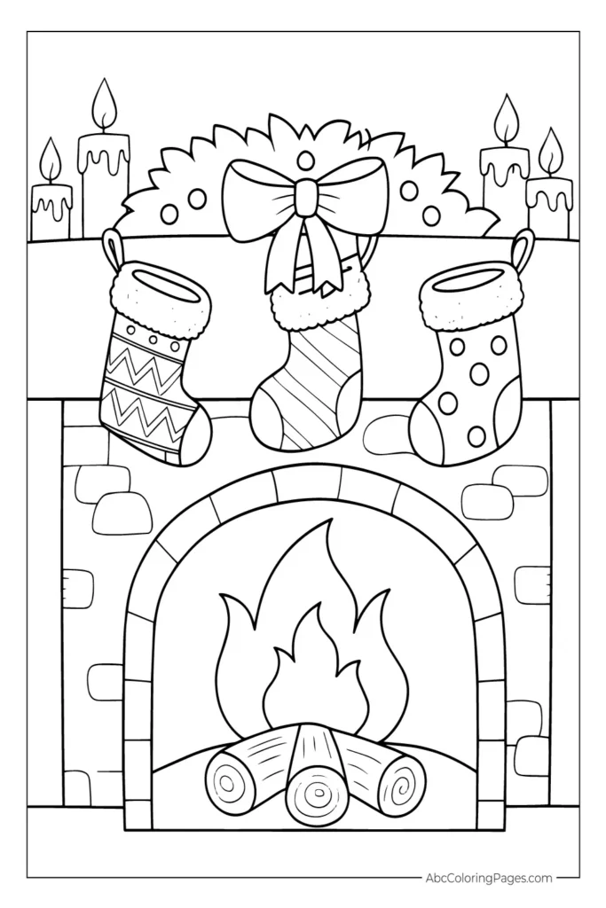 Cozy Fireplace with Wreath, Stockings, and Candles printable PDF coloring page