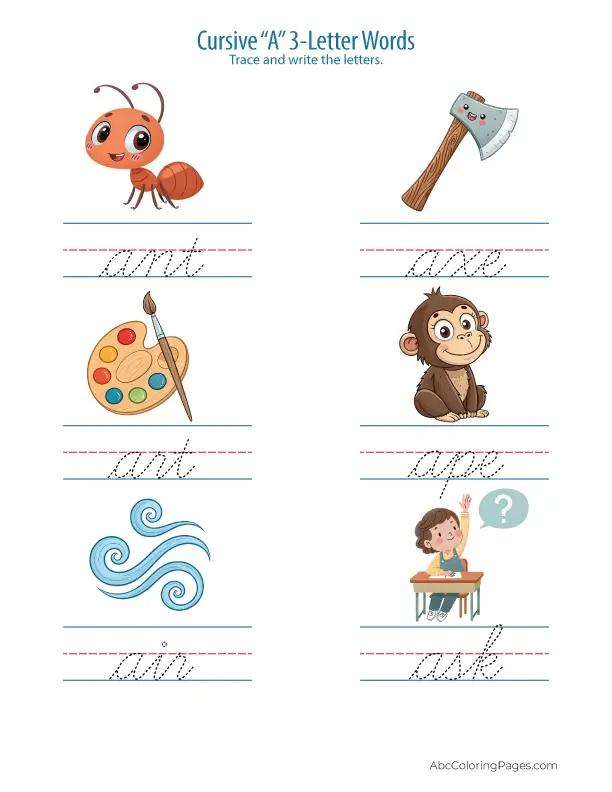 Practice 3-letter words starting with A in cursive – free PDF handwriting worksheet for kids
