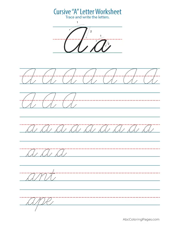 Complete A in cursive worksheet with tracing and writing practice – PDF printable for children
