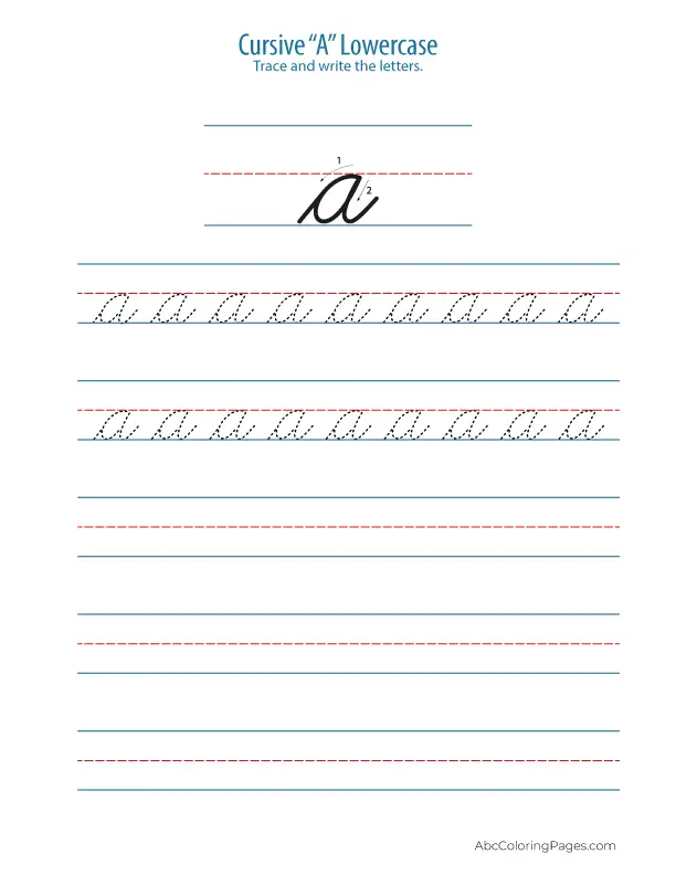 Lowercase A in cursive tracing worksheet – printable PDF for early handwriting practice