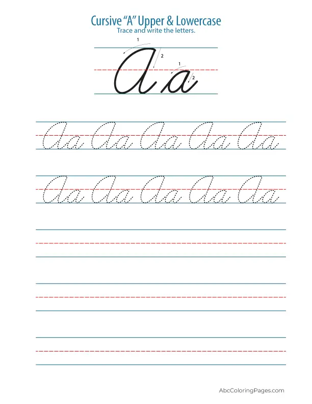 Free printable worksheet showing uppercase and lowercase A in cursive for kids to trace and practice
