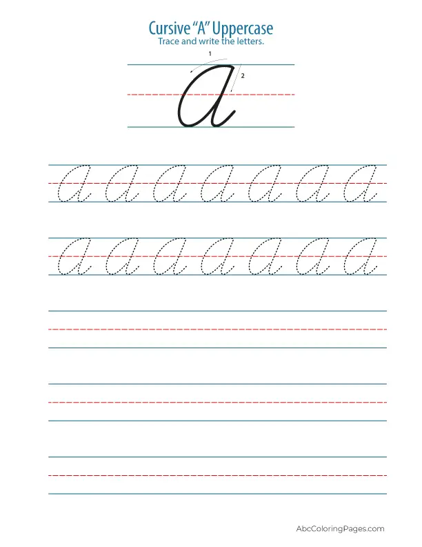 Uppercase A in cursive handwriting worksheet – free printable PDF for kids