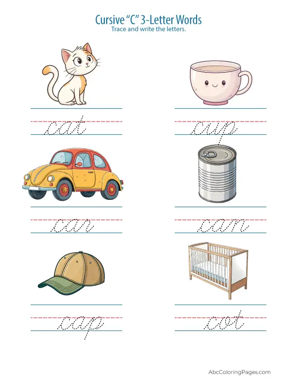 7 Free Worksheets c in cursive – Download & Print Instantly (PDF) 2 Cursive c 3 Letter Words printable Worksheet PDF