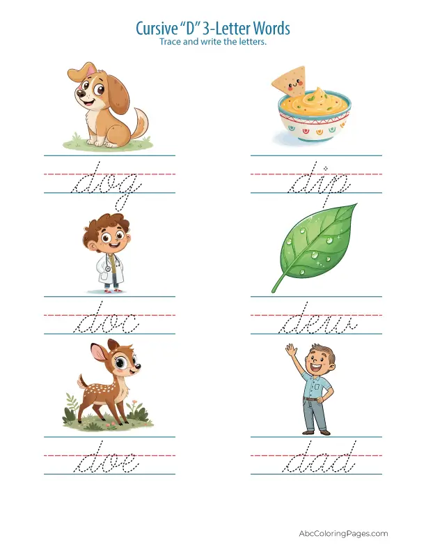 Cursive d 3 Letter Words printable Worksheet PDF
