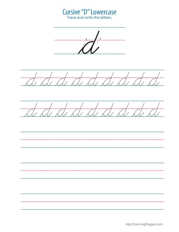 Cursive d Lowercase printable Worksheet PDF