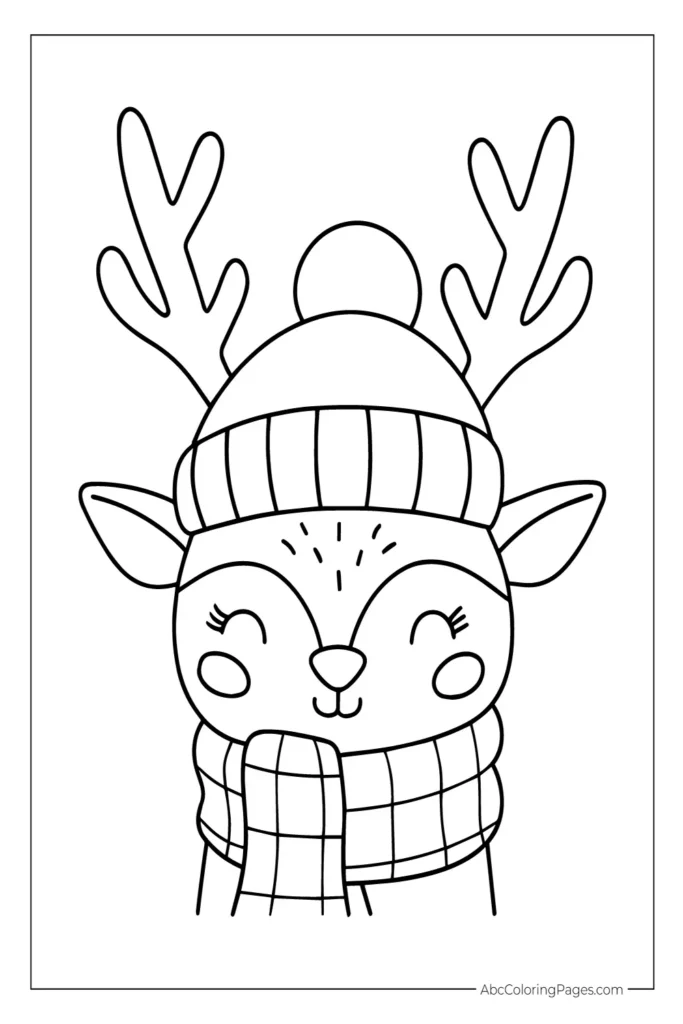 Cute Reindeer with Winter Hat and Scarf printable PDF coloring page