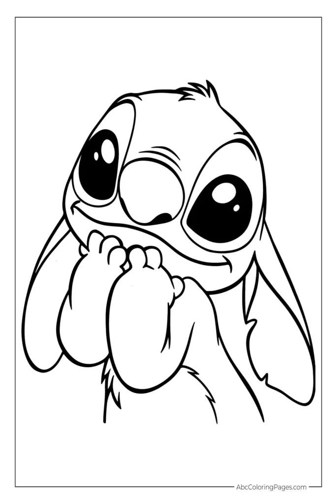 Black and white coloring page of Stitch from Lilo & Stitch, smiling and covering his mouth with his paws. The illustration features clean lines and detailed fur texture.