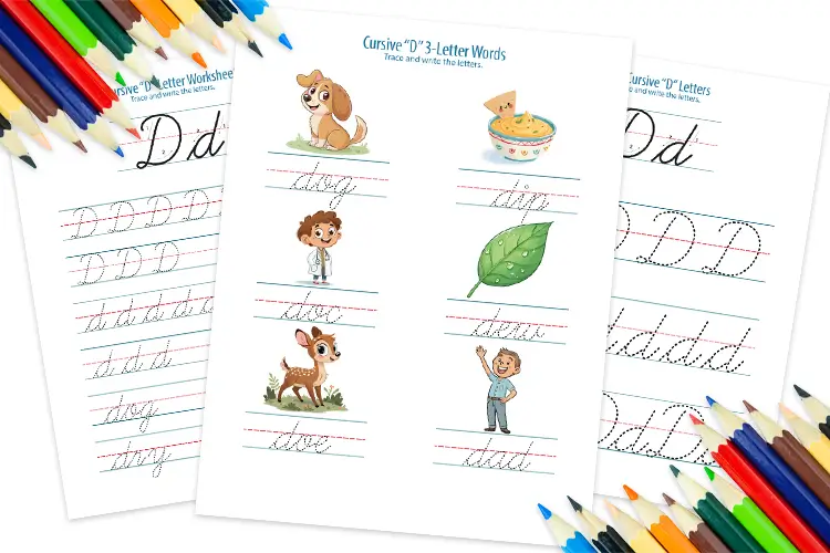 Printable worksheet to trace uppercase and lowercase D in cursive – free PDF download