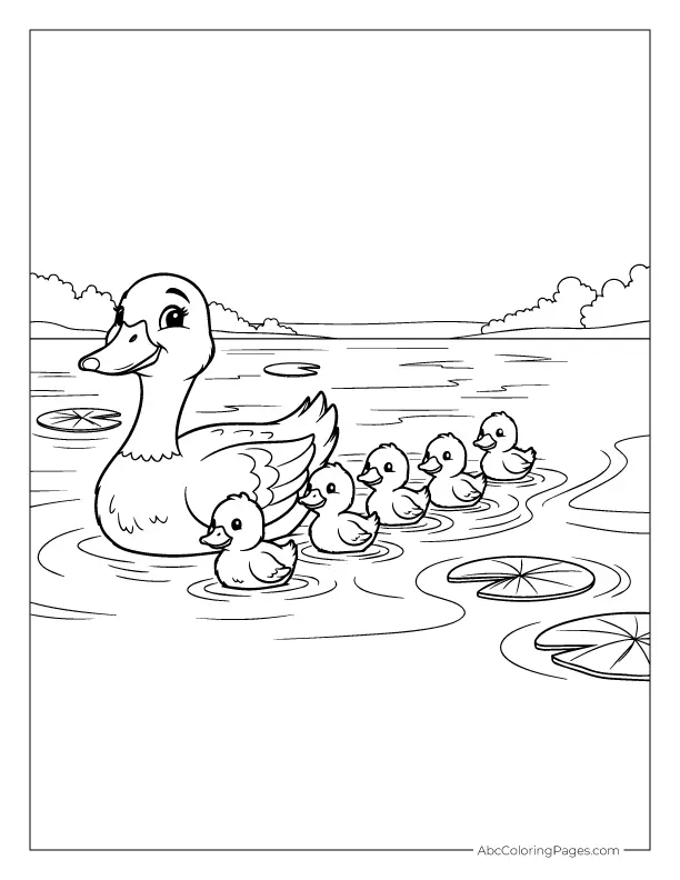 duck with ducklings in pond coloring sheet