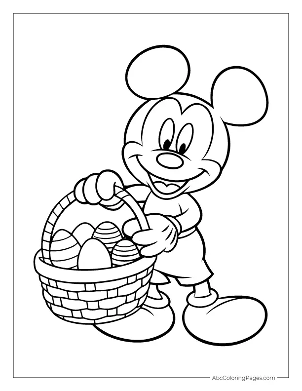 Mickey Mouse Easter coloring page holding a basket of eggs free printable PDF