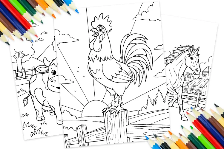 Preview of printable farm animal coloring pages including cow, pig, sheep, and rooster in cute cartoon style