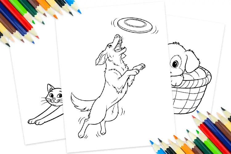 Black-and-white outline preview of printable pets coloring pages featuring dogs, cats, rabbits, fish, and birds for kids to color