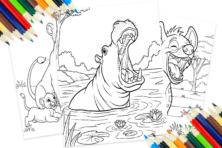Printable safari animals coloring pages featuring lion, giraffe, elephant, and zebra – free download for kids