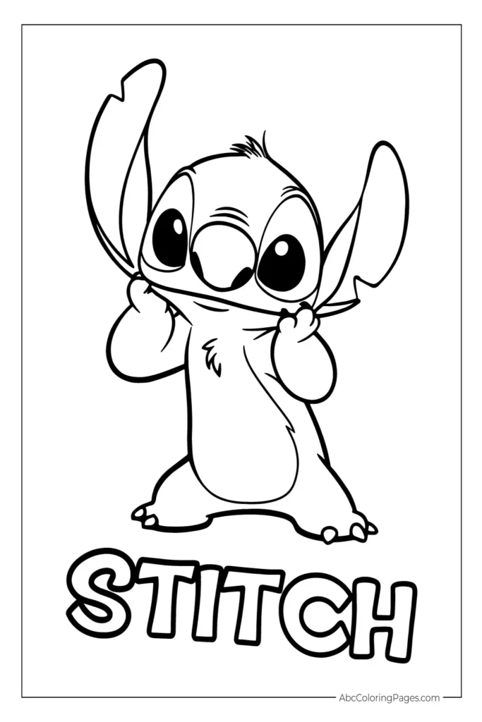 Black and white coloring page of Stitch from Disney's Lilo & Stitch, with his hands raised to his face and large, expressive eyes. The word "STITCH" is written below in bold letters.