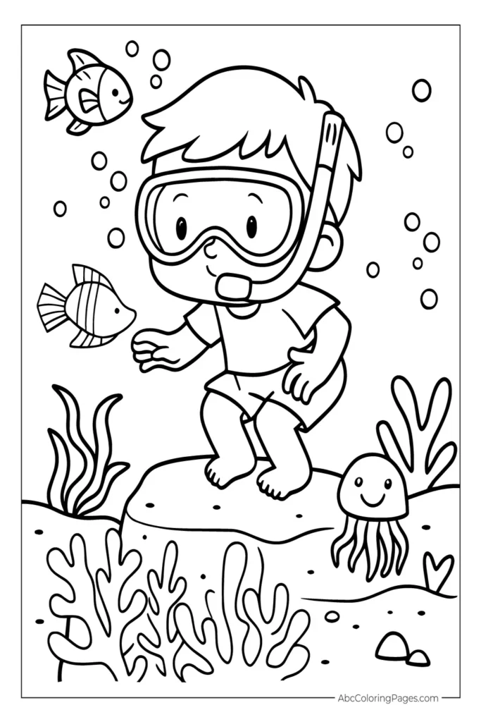Summer coloring pages featuring a cartoon boy snorkeling underwater with fish, seaweed, and a smiling jellyfish