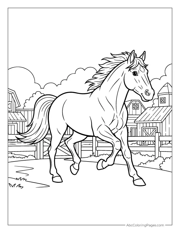 horse running on farm coloring page outline