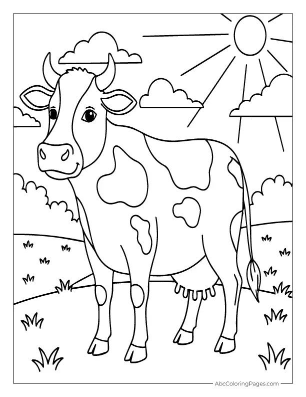 cow in a grassy field line art for coloring