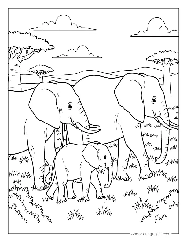 safari animals coloring pages elephant family outline