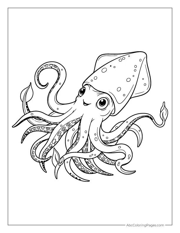 Giant Squid Under the Sea printable PDF coloring page