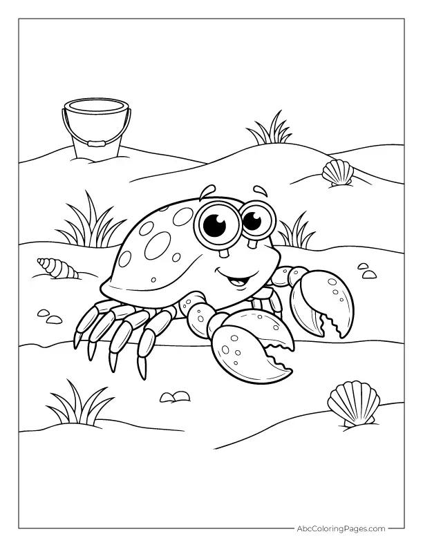 Happy Crab on the Beach printable PDF coloring page