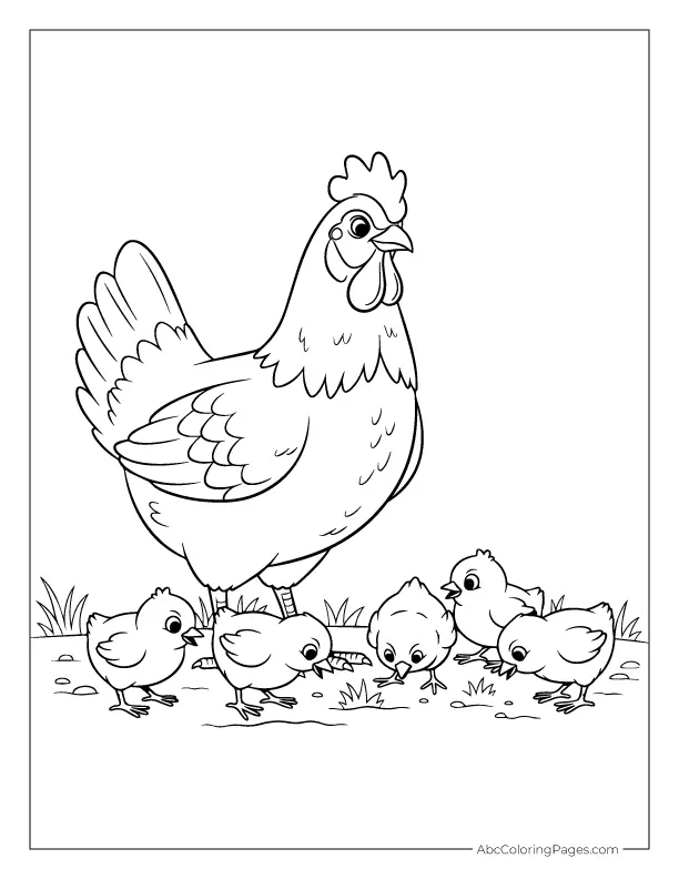 hen and chicks walking coloring page outline