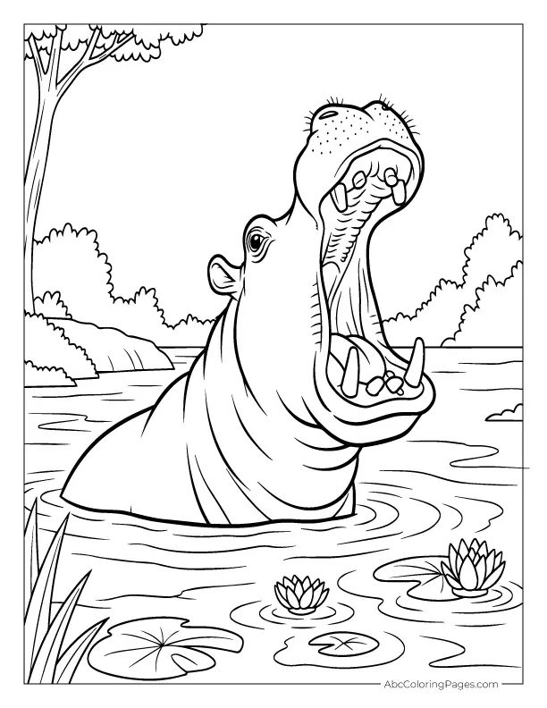 safari animals coloring pages yawning hippo cartoon