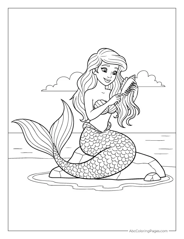 Mermaid sitting on a rock combing her hair coloring page