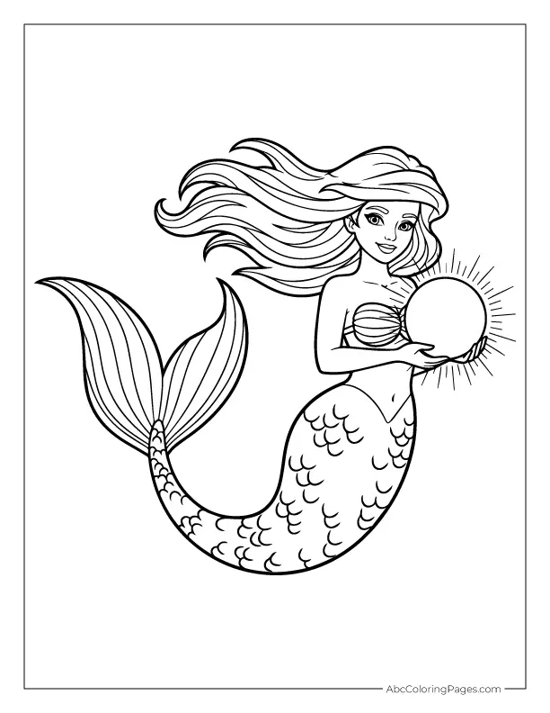 Simple mermaid holding pearl coloring page for kids