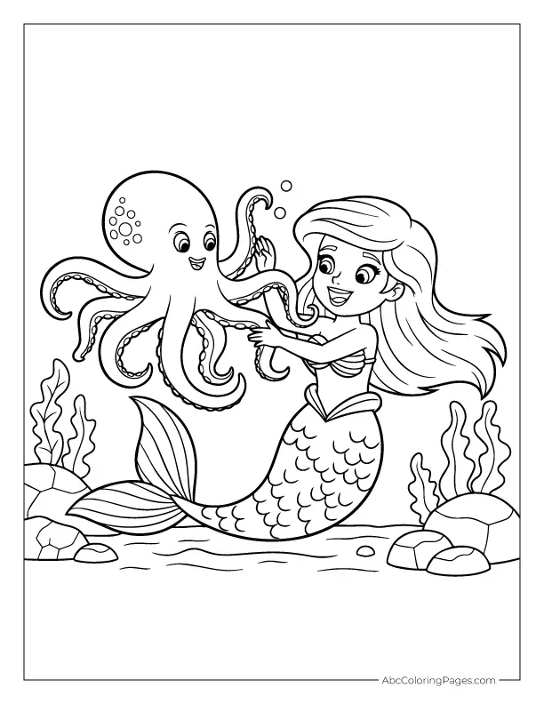 Mermaid and octopus underwater cartoon coloring page