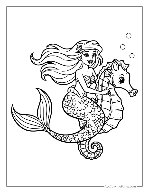Mermaid riding a seahorse underwater coloring sheet