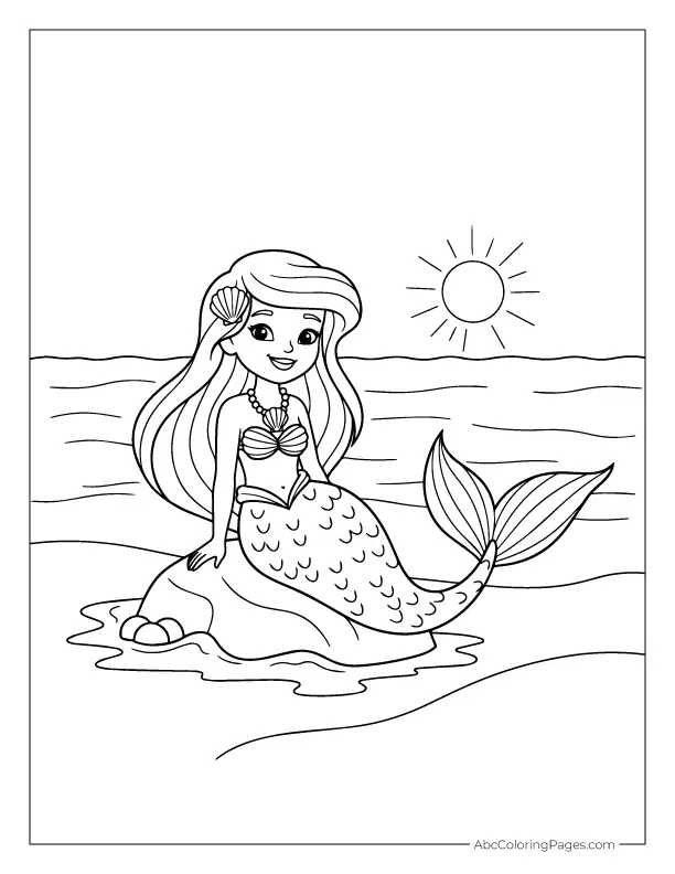 Young mermaid sitting on a rock with sun in background printable coloring page