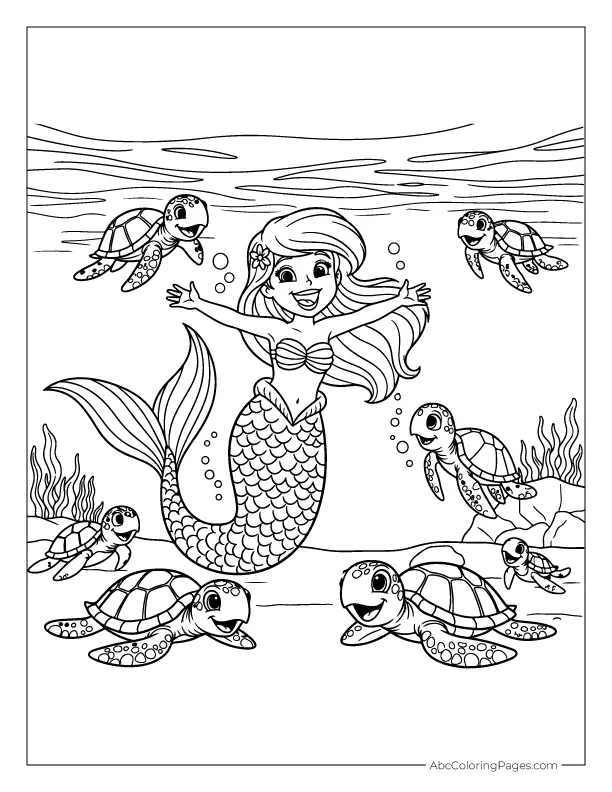Mermaid with baby turtles underwater scene coloring page