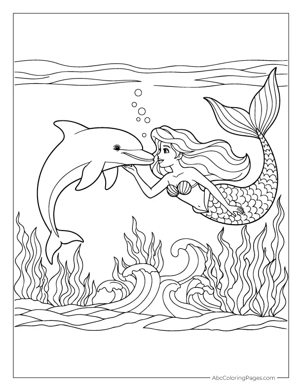 Mermaid and dolphin swimming together printable coloring page