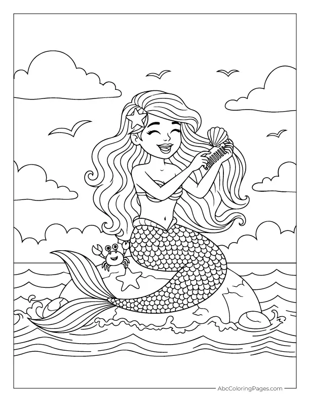 Mermaid with star in hair and crab printable coloring page