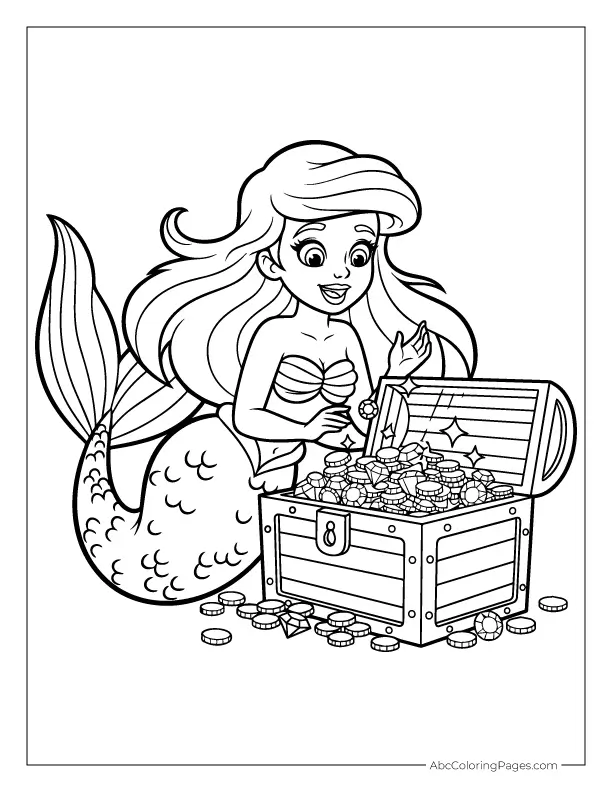 Mermaid and treasure chest coloring page for kids