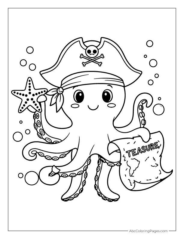 Octopus with Sunken Treasure printable PDF coloring page