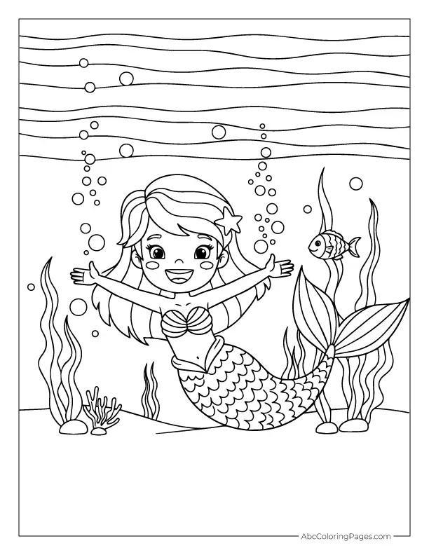 Playful mermaid in underwater scene with fish coloring page