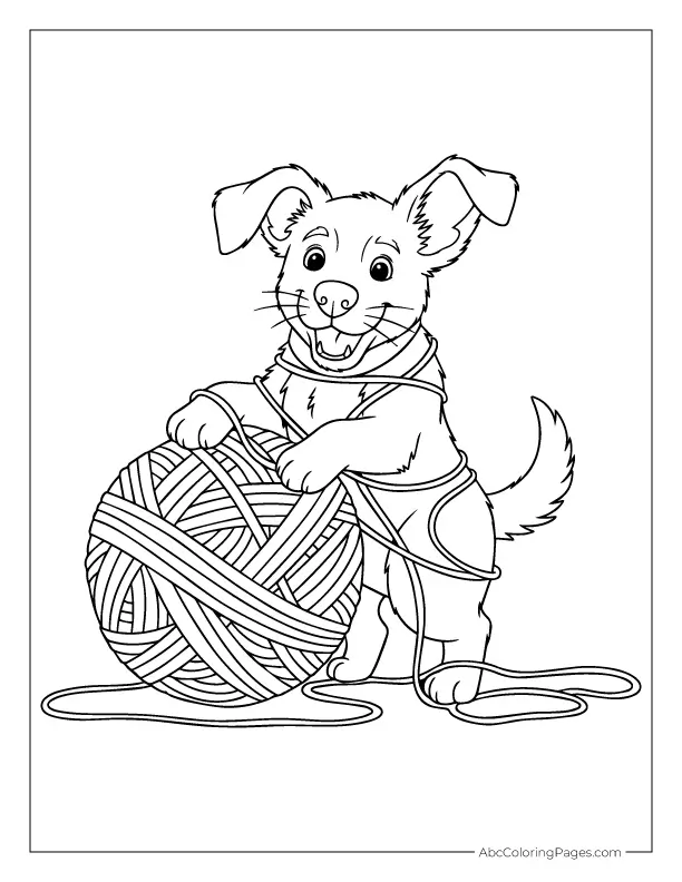 puppy tangled in yarn coloring page outline