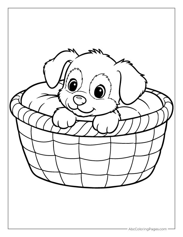 puppy in woven basket outline drawing