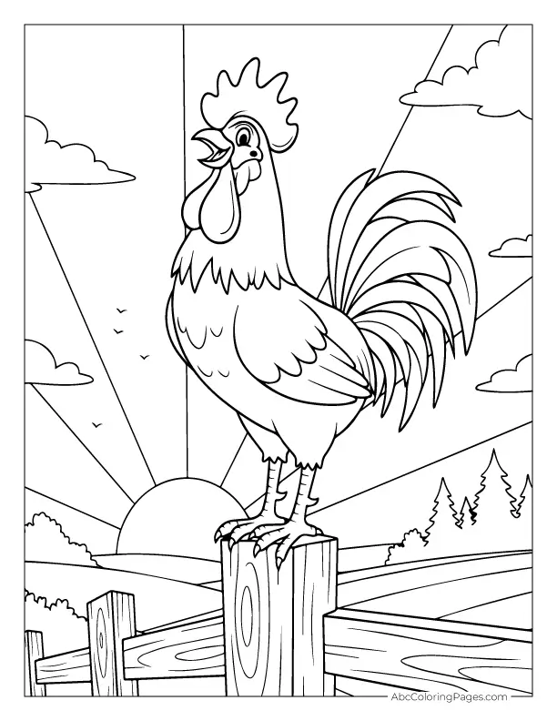 rooster on fence crowing coloring outline