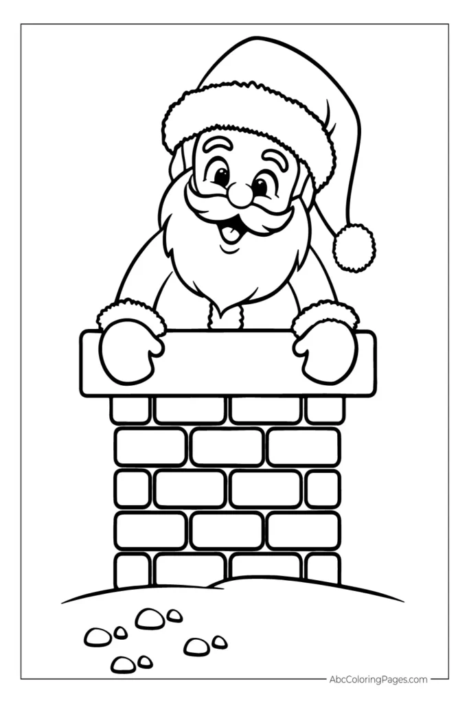 Santa Claus looking out from a chimney printable PDF coloring page