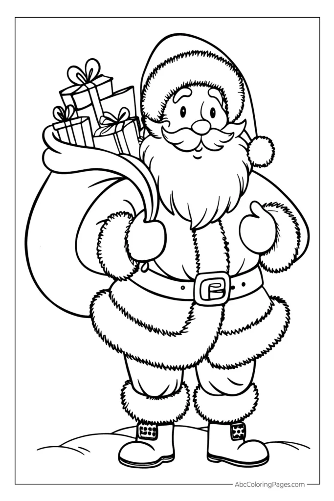 Santa Claus Standing with a Sack of Presents printable PDF coloring page