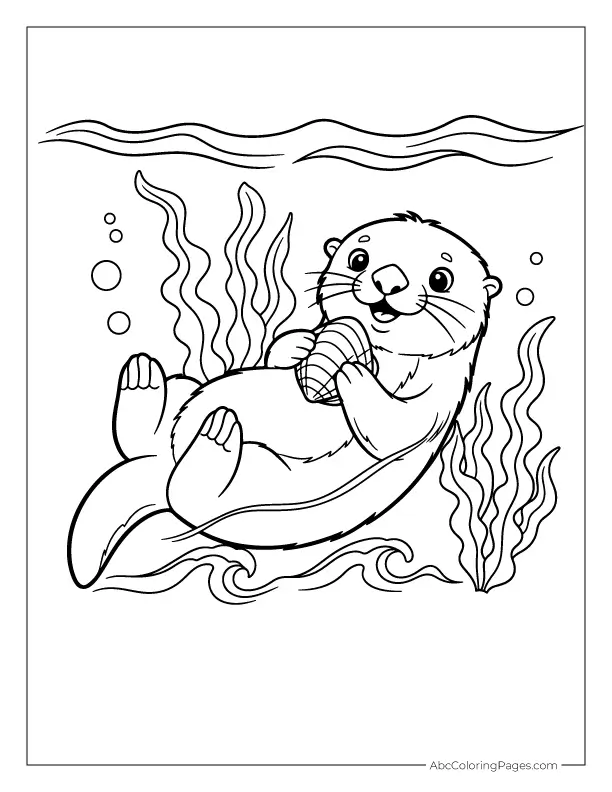 Sea Otter Floating with Seashell printable PDF coloring page