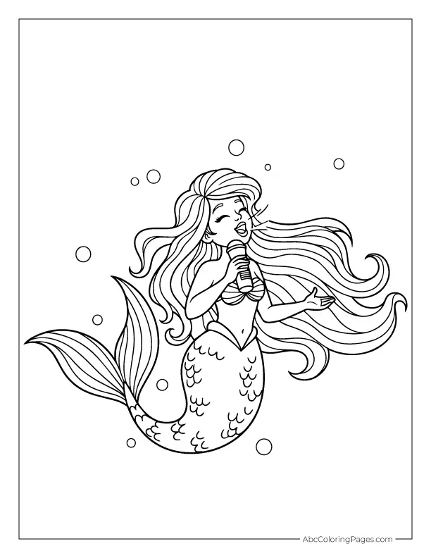 Mermaid singing into microphone underwater printable coloring page